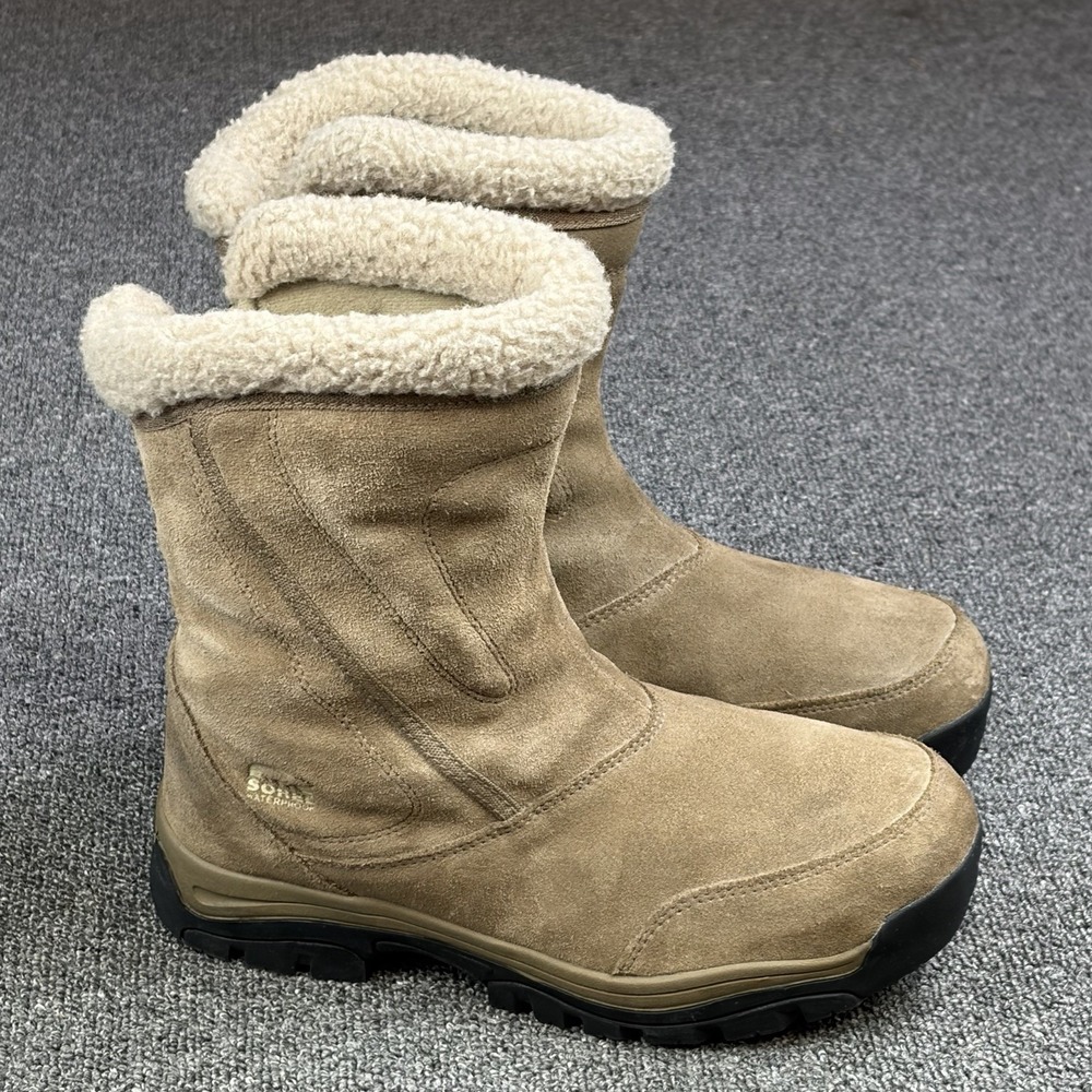 Sorel Waterfall Suede Winter Boots Womens Size 10 Brown Sherpa Lined Zip